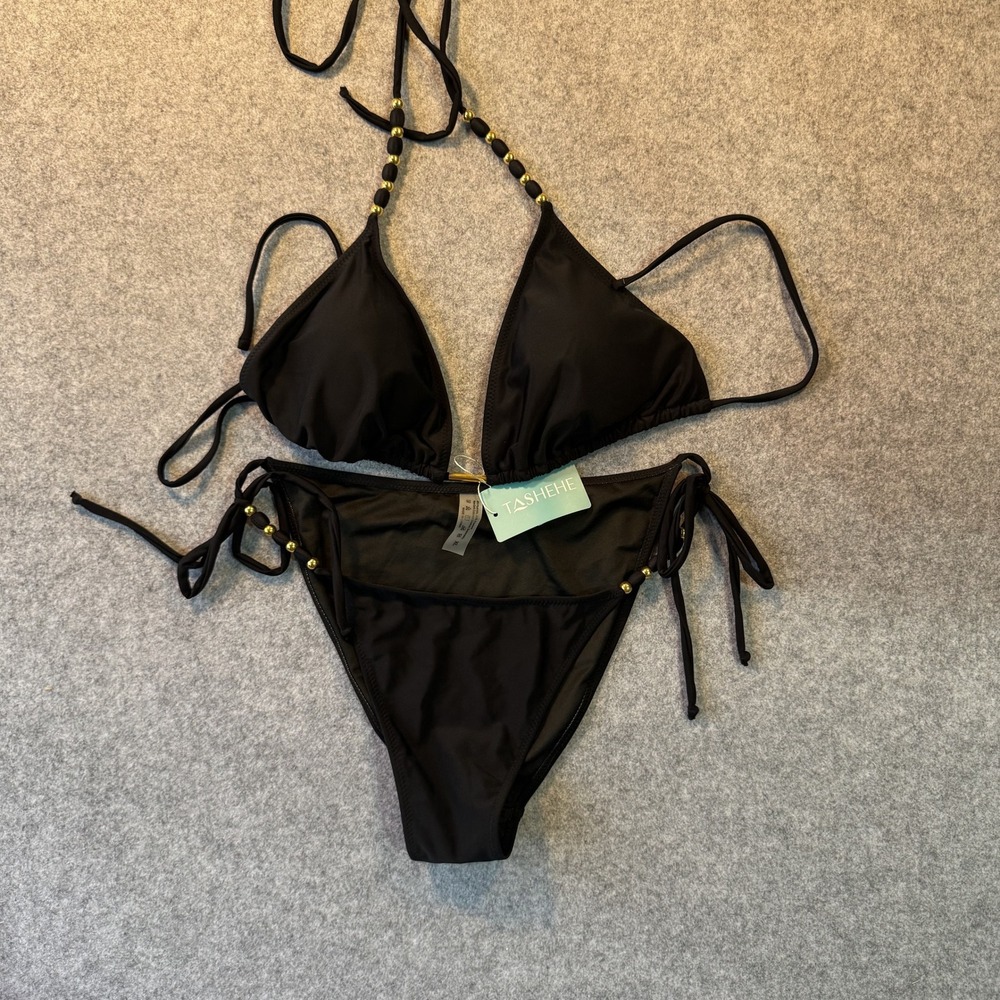 Tashehe Gold Beaded Triangle Bikini Set XL Black Halter Tie‎ Side Swimwear